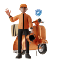 servizio di consegna, con personaggio e moto, illustrazione 3d png