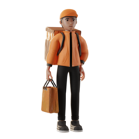 service de livraison, avec personnage, sac et sac fourre-tout, illustration 3d png