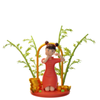 Ilustração de personagem 3d ano novo chinês com moeda, lingote, bambu, usado para um aplicativo web, etc png