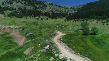 casas de montaña en el valle verde entre las montañas, la hierba se balancea por el viento. hay un camino de tierra. video