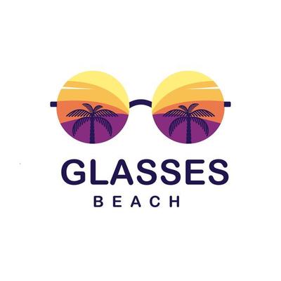 Summer beachfront modern style emblem with glasses, palm tree, surfer.