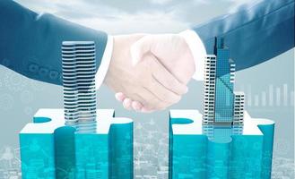Merger and acquisition business concept, join company on puzzle pieces and handshake, 3d render photo