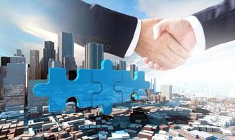 Merger and acquisition business concept, join company on puzzle pieces and handshake, 3d render photo