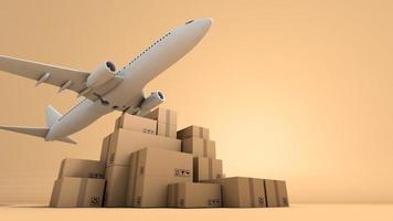 pila de embalaje de caja marrón y avión, negocio de envío en todo el mundo, representación 3d foto
