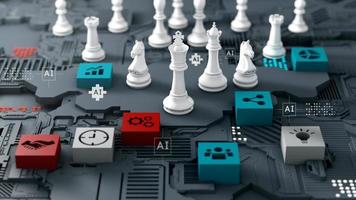 Chess on circuit board, strategy business for technology products industry, 3d rendering photo