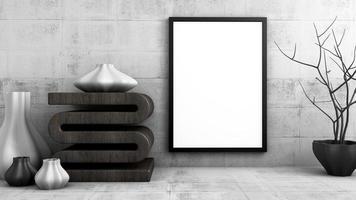 Mockup frame vertical white blank photo in vintage room, 3d rendering