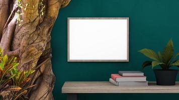 marco de madera de maqueta, foto en blanco horizontal en la sala de la naturaleza, renderizado 3d