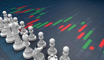 Chess on candle stick graph, planning buy sell on stock market photo