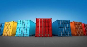 pila de cajas de contenedores, buque de carga para importación y exportación, representación 3d foto