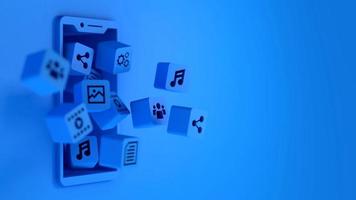 muchas aplicaciones de medios azules en forma de rectángulo flotan desde la pantalla del teléfono inteligente foto