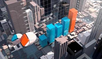 Business infographics chart in modern building city, 3d rendering photo