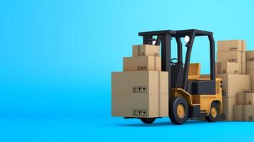 Stack of brown box packaging and forklift, shipping business, 3d rendering photo