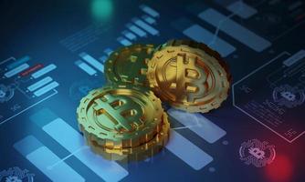 moneda criptográfica bitcoin de oro, comercio futuro de blockchain para inversión, representación 3d foto