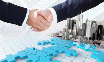 Merger and acquisition business concept, join company on puzzle pieces and handshake, 3d render photo