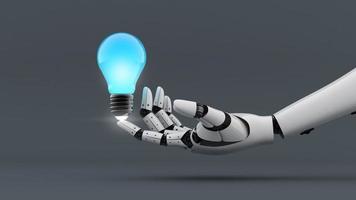 White robot hand make power to light bulb, technology assistant for creative, 3d rendering photo