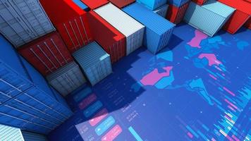 Container cargo for import export business with digital world map, 3d rendering photo