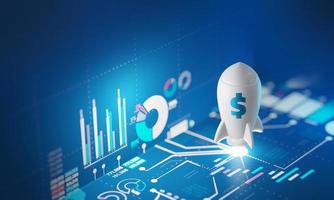 White rocket show startup launching on blue screen of business investment graph chart background, 3d rendering photo