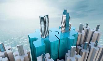 Merger and acquisition business concept, join company on puzzle pieces and handshake, 3d render photo