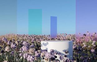 Podium on natural purple flower field with bubble 3D render illustration photo