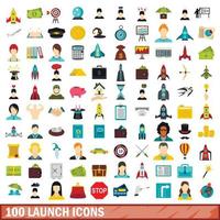 100 launch icons set, flat style vector