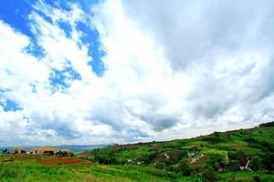 Many country houses on the high mountains hill with beautiful blue sky and white clouds at Phetchabun, Thailand photo