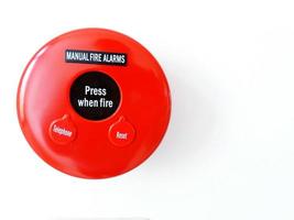 Closeup Red fire alarm button isolated on white background with right blank space photo