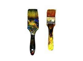 Two dirty paintbrushes be stained with color on isolated white background. Art colorful paintbrush. photo