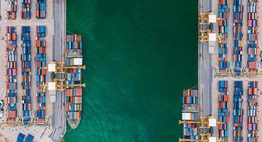 Aerial view from drone Logistics and transportation of Container Cargo ship and Cargo import export , Business logistics concept, photo