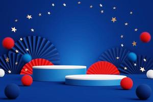 Abstract geometric shape podium for product display on blue background. 4th of july. 3d rendering. photo