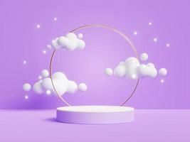 3D rendering of geometric podium, exhibition stand, product display on violet background with cartoon cloud. photo