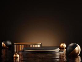 3d rendering of luxury black podium on water for product display. photo