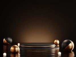 3d rendering of luxury black podium on water for product display. photo