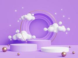 3D rendering of geometric podium, exhibition stand, product display on violet background with cartoon cloud. photo