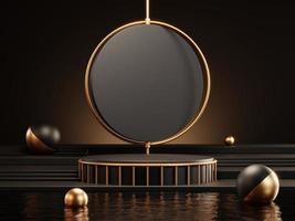 3d rendering of luxury black podium on water for product display. photo