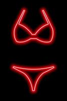 Red neon silhouette of a women's swimsuit on a black background. Bikini. Vector illustration