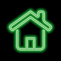 Green neon house icon with door, roof and chimney on a black background. Vector illustration