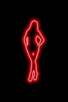 Red neon silhouette of a girl with long hair who stands in a beautiful pose on a black background. Vector illustration