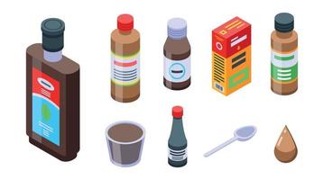 Cough syrup icons set, isometric style vector