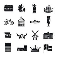 conjunto de iconos de viaje de dinamarca, estilo simple vector