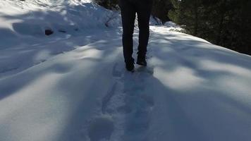 Mann, der im Schnee spazieren geht, Fußdetail. Rückansicht des Mannes, der auf einer verschneiten Straße im Wald spazieren geht.