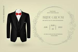 An invitation to a wedding with a silhouette of the groom in profile. A postcard template with an inscription on a beige background. vector