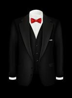 Vector realistic tuxedo background with bow. Black men's suit, tuxedo with vest and white shirt. Illustration design of male symbols for invitations, corporate parties