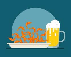 camarones pequeños fritos y crujientes que sirven con un vaso de cerveza. estilo de vector de dibujos animados para su diseño