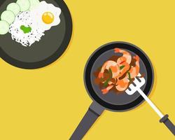 Top view of rice and stir-fried shrimps with Thai holy basil and fried eggs. Asian food style. Cartoon vector style for your design.