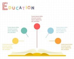 Education infographic concept. Book with many color objects or options for design about learning or examination. vector