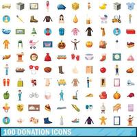 100 donation icons set, cartoon style vector