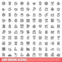 100 iconos de bebida, estilo de esquema vector