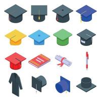 Graduation hat icons set, isometric style vector