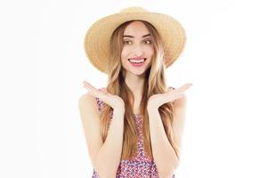 Beautiful blond woman in hat. summer fashion beauty model girl, vacation, copy space photo