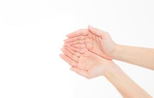 female hand two palm up. handbreadth isolated on a white background. Front view. Mock up. Copy space. Template. Blank. photo